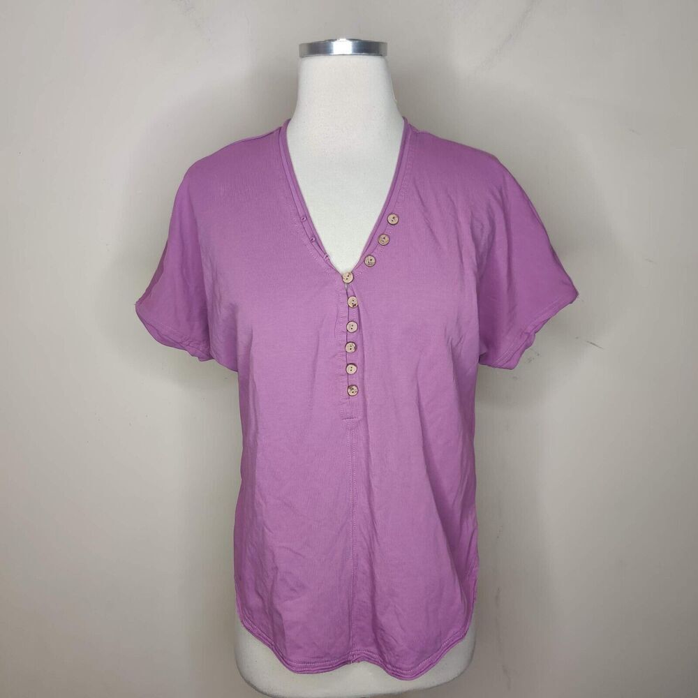 Lulu B Top Purple Cotton V-Neck Henley Short Sleeve